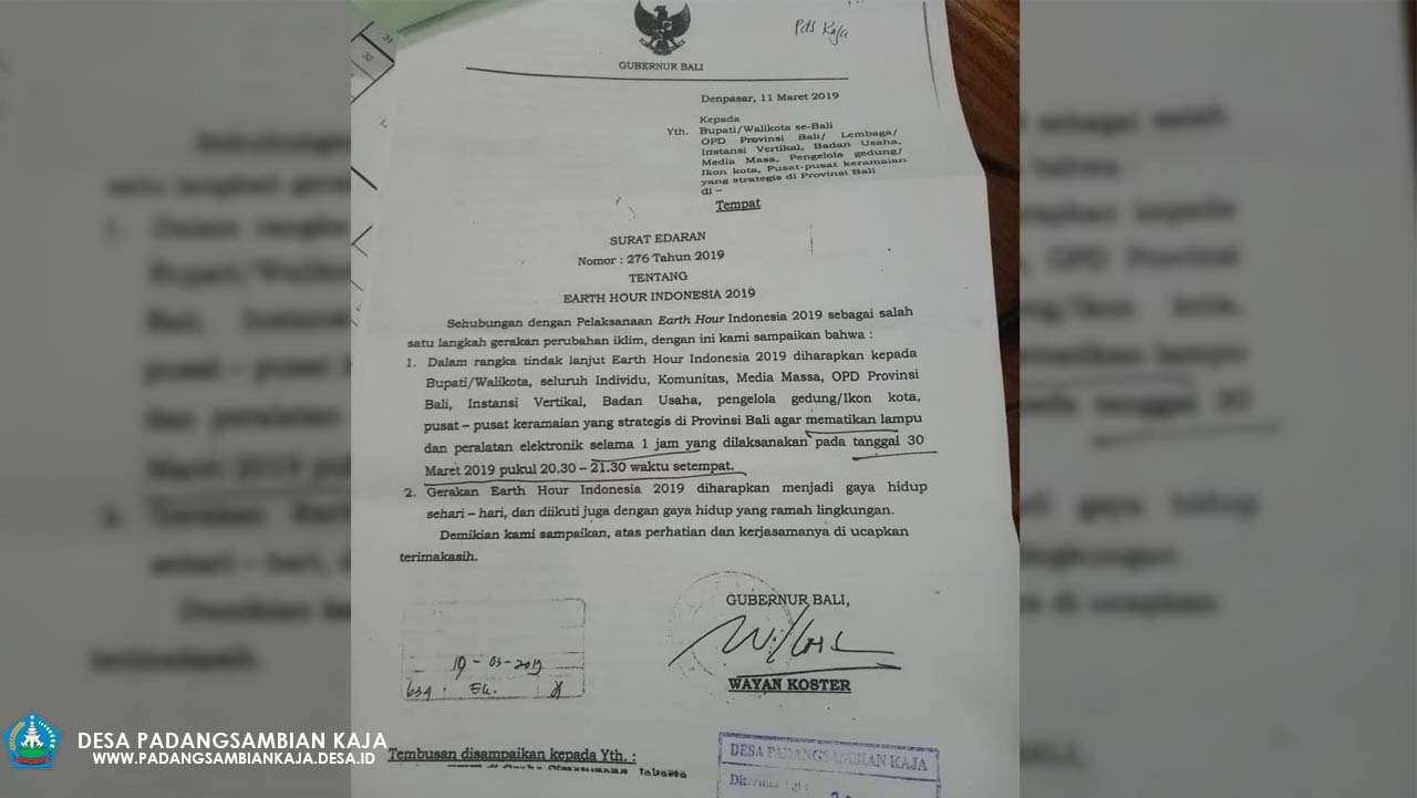 Menindaklanjuti Surat Edaran Gubernur Bali tentang EARTH HOUR INDONESIA 2019